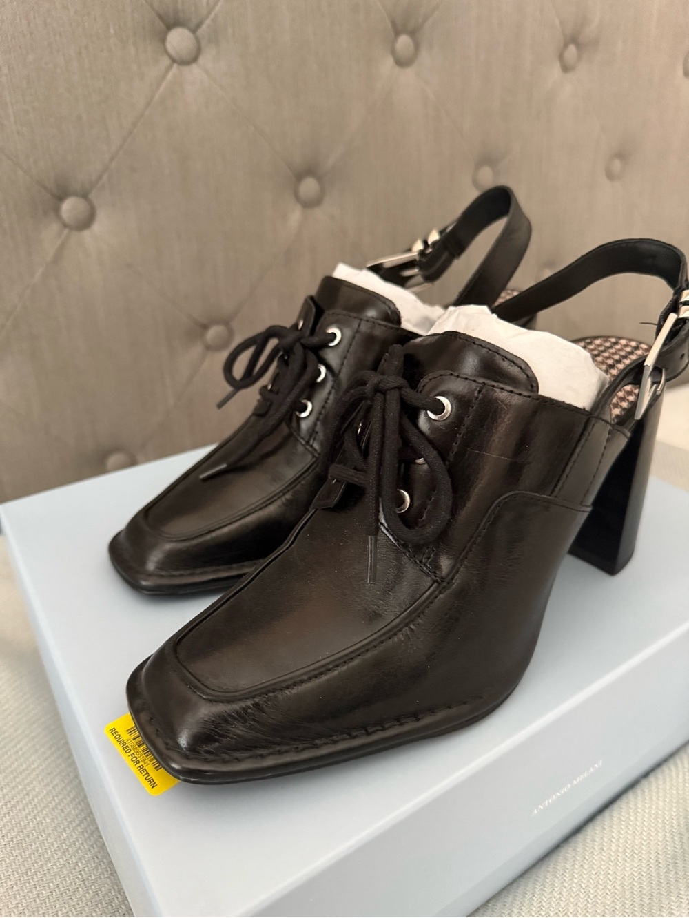 Antonio Melani Black Leather Lace-Up Slingback Heels 8.5